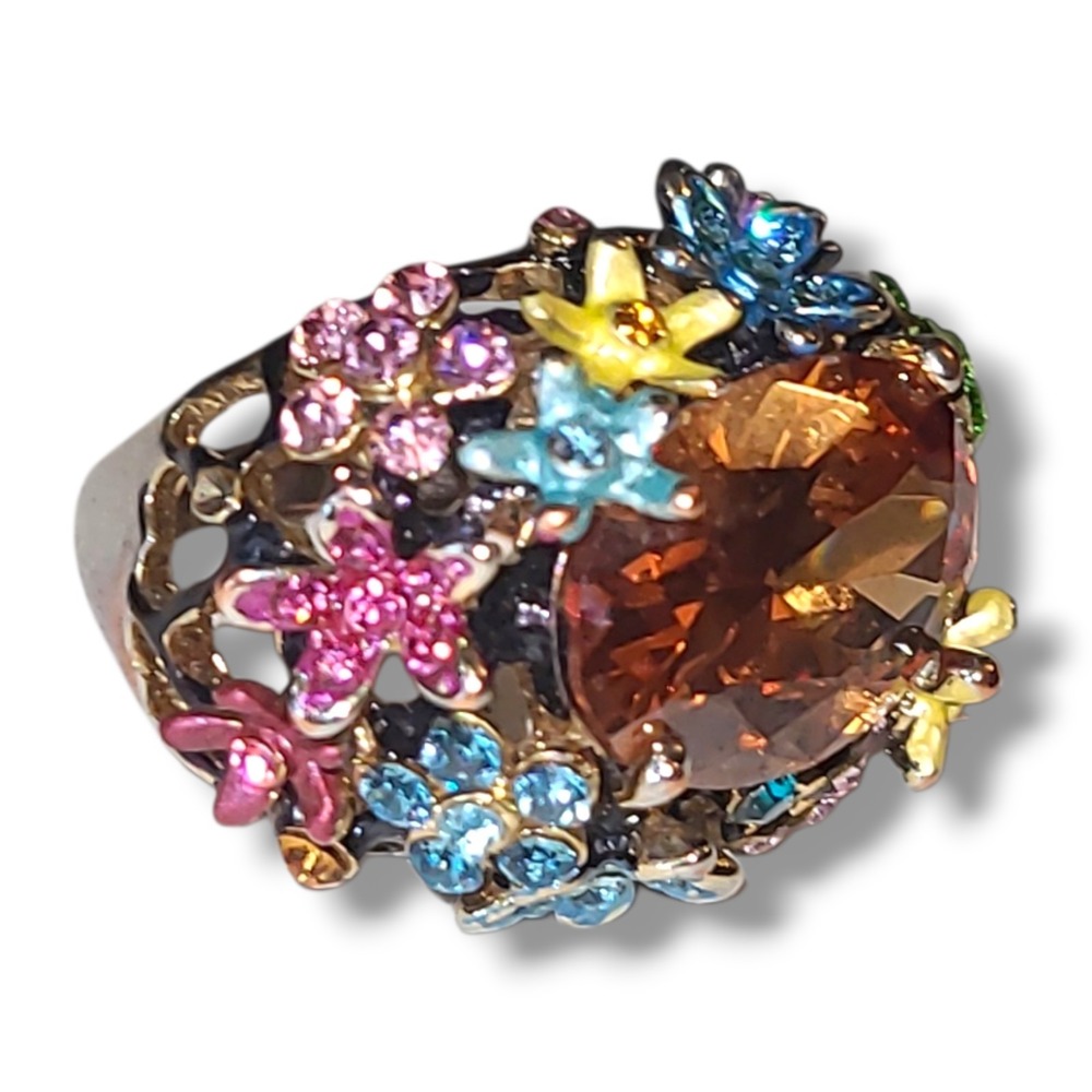 ALDO Enamel Flower Cocktail Ring Size 7 Amber Rhinestone Statement